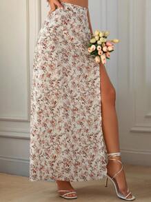 Breezaya 碎花印花开衩大腿半身裙 女装秋季款 - 杏色 - 查看 6