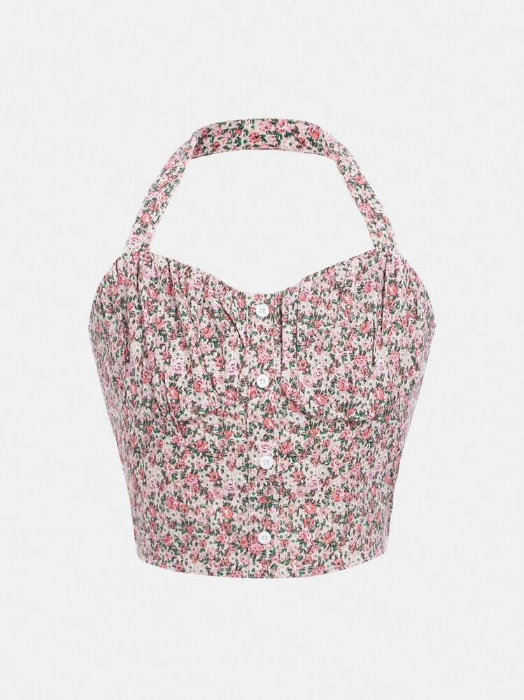 SHEIN Teen Girls Ditsy Floral Print Halter Top & Two Layer Hem Skirt - Multicolor - View 5