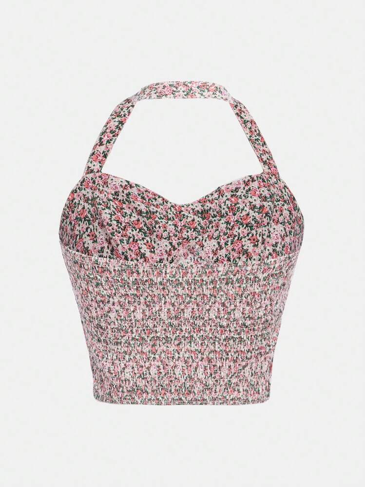 SHEIN Teen Girls Ditsy Floral Print Halter Top & Two Layer Hem Skirt - Multicolor - View 6