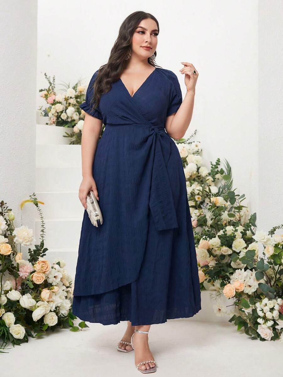 Mulvari Plus Solid Belted Wrap Dress - Blue - View 1