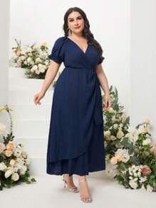 Mulvari Plus Solid Belted Wrap Dress - Blue - View 3