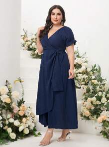 Mulvari Plus Solid Belted Wrap Dress - Blue - View 4