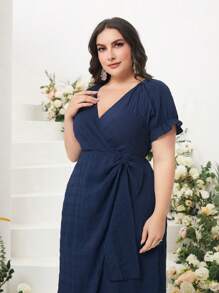 Mulvari Plus Solid Belted Wrap Dress - Blue - View 5