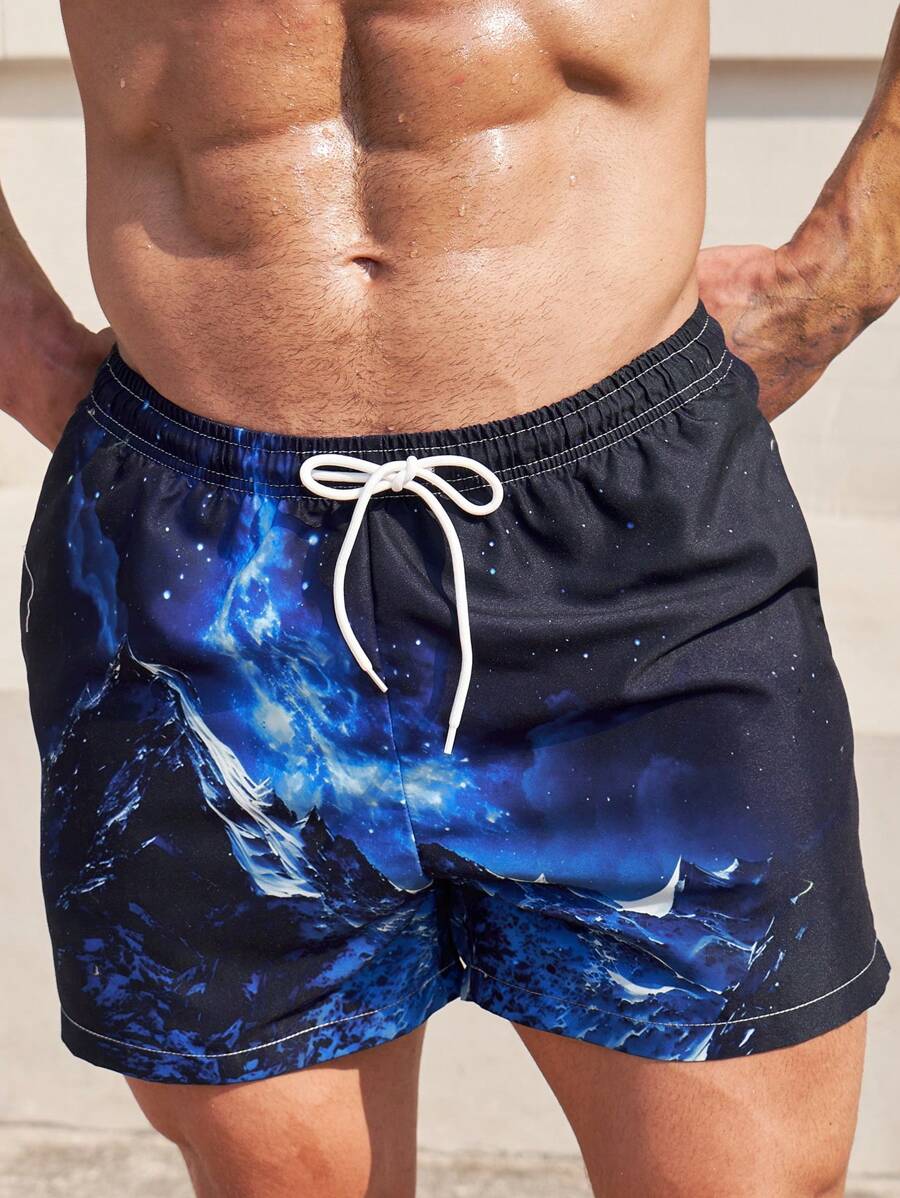 Surfspeed 男士山和星空圖案腰部抽繩泳褲 - 藏蓝色 - 查看 1