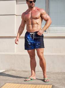 Surfspeed 男士山和星空圖案腰部抽繩泳褲 - 藏蓝色 - 查看 3