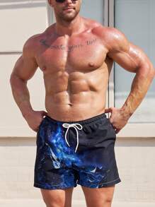 Surfspeed 男士山和星空圖案腰部抽繩泳褲 - 藏蓝色 - 查看 4