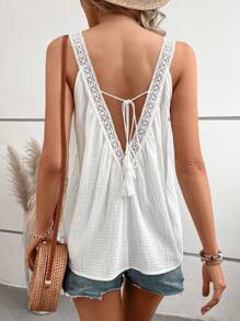 Breezaya Áo khoác và áo lót dành cho xe tăng nữ Tương phản ren Buộc lại Lộ Lưng màu trơn Boho - trắng - Xem 2