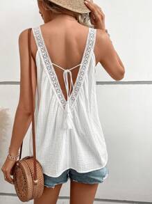 Breezaya Áo khoác và áo lót dành cho xe tăng nữ Tương phản ren Buộc lại Lộ Lưng màu trơn Boho - trắng - Xem 4