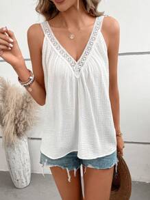 Breezaya Áo khoác và áo lót dành cho xe tăng nữ Tương phản ren Buộc lại Lộ Lưng màu trơn Boho - trắng - Xem 6