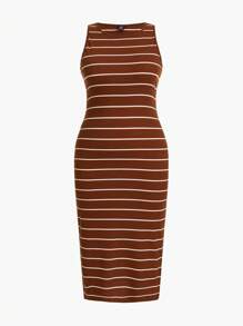 SHEIN EZwear Plus Striped Print Bodycon Tank Dress - Brown - View 1