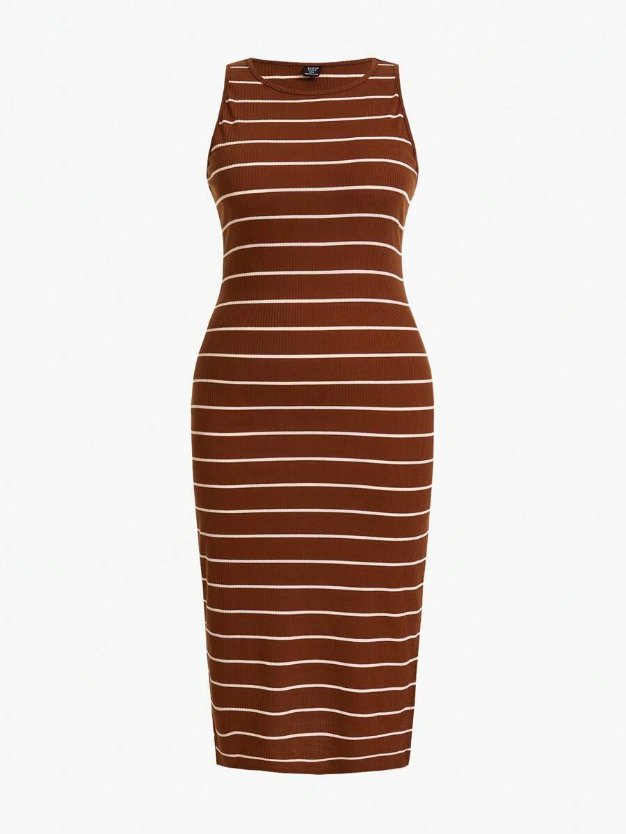 SHEIN EZwear Plus Striped Print Bodycon Tank Dress - Brown - View 1