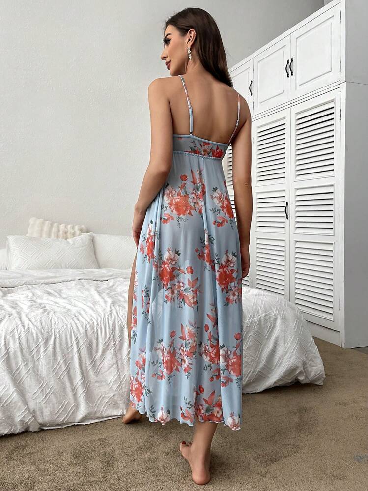 Vestido de dormir de tirantes con estampado floral de muslo con abertura - Celeste - Añade 2