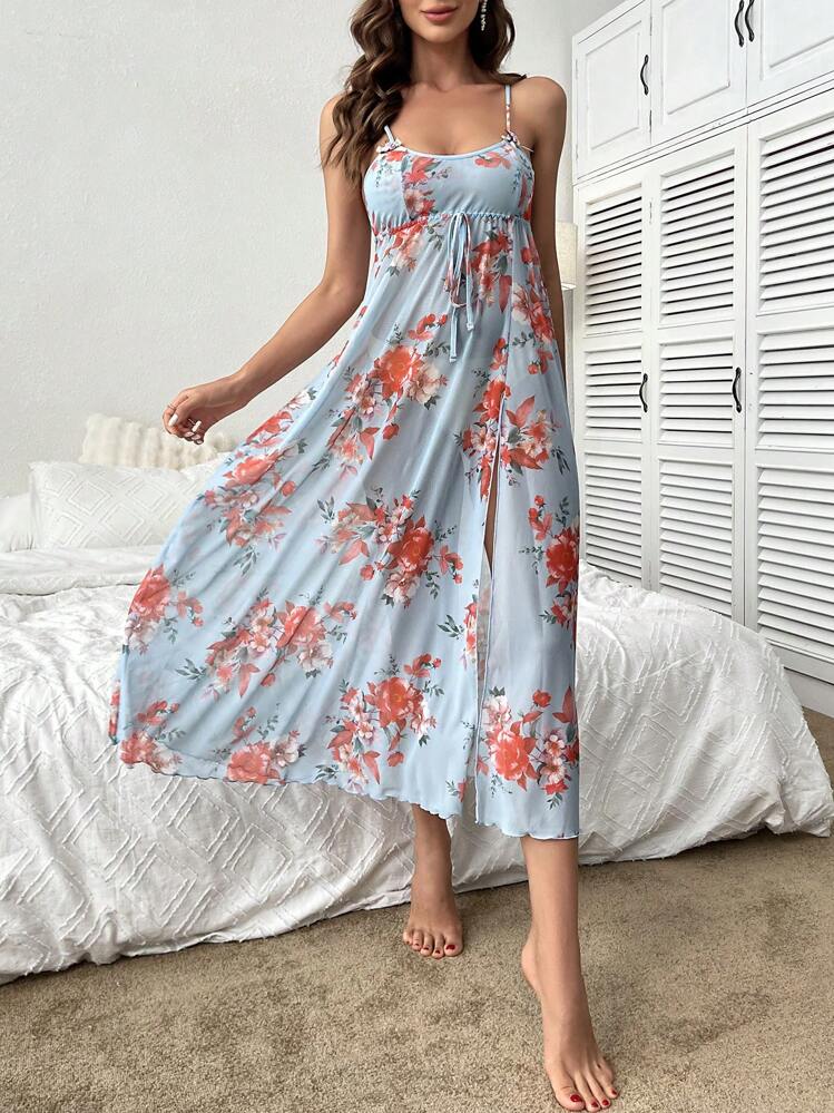Vestido de dormir de tirantes con estampado floral de muslo con abertura - Celeste - Añade 5