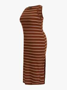 SHEIN EZwear Plus Striped Print Bodycon Tank Dress - Brown - View 5