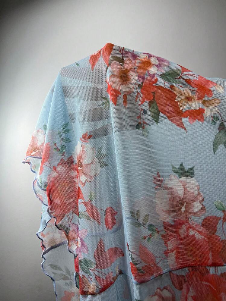 Vestido de dormir de tirantes con estampado floral de muslo con abertura - Celeste - Añade 7