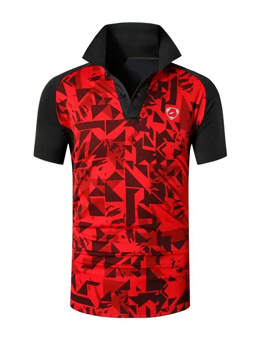 Men Geo Print Polo Neck Sports Tee - Multicolor - View 1