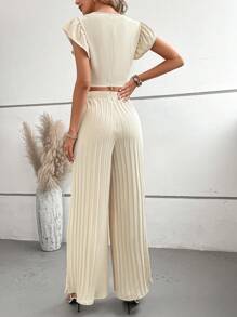 SHEIN VCAY 蝴蝶袖短款上衣&百褶闊腿褲 - 杏色 - 查看 3