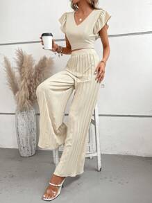 SHEIN VCAY 蝴蝶袖短款上衣&百褶闊腿褲 - 杏色 - 查看 5