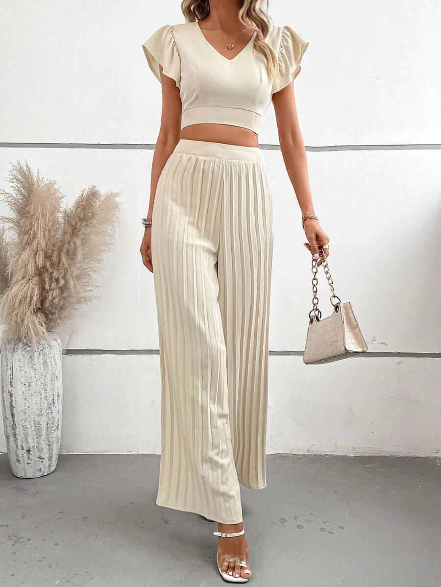 SHEIN VCAY 蝴蝶袖短款上衣&百褶闊腿褲 - 杏色 - 查看 1