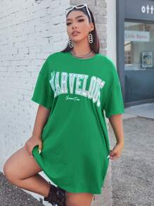 SHEIN EZwear Đầm Plus Size Lá thư Giải trí - màu xanh lá - Xem 4