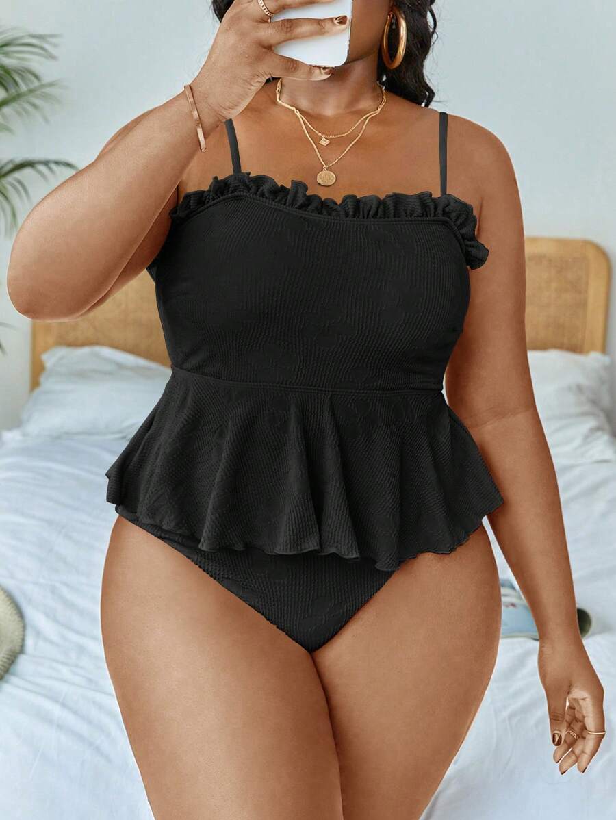 Swim Mod Summer Beach Plus Size Frill Trim Ruffle Hem Tankini - Black - View 1