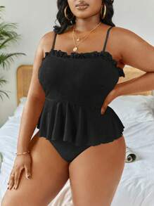 Swim Mod Summer Beach Plus Size Frill Trim Ruffle Hem Tankini - Black - View 4