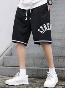 Manfinity Running 男士字母图案撞色滚边抽绳腰短裤 街头风黑色男士短裤 男士篮球短裤 男士篮球短裤 篮球短裤 运动裤 黑色短裤 - 黑色 - 查看 3