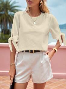 SHEIN Privé Solid Knot Cuff Blouse - Apricot - View 1