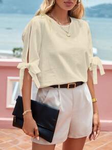 SHEIN Privé Solid Knot Cuff Blouse - Apricot - View 3