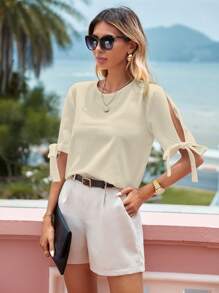 SHEIN Privé Solid Knot Cuff Blouse - Apricot - View 4