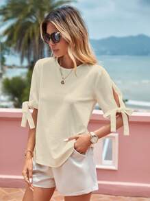 SHEIN Privé Solid Knot Cuff Blouse - Apricot - View 5
