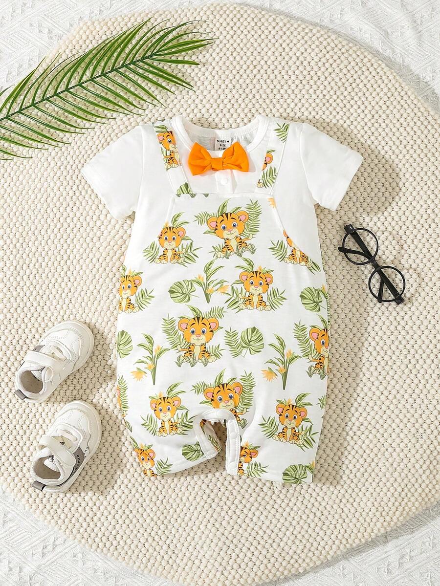 SHEIN Baby Boy Cartoon Graphic Bow Front 2 In 1 Romper - Multicolor - View 1