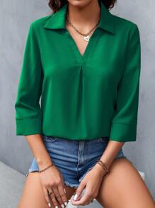 SHEIN LUNE 素色拼接細節襯衫 - 綠色 - 查看 1