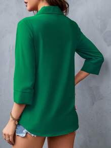 SHEIN LUNE 素色拼接細節襯衫 - 綠色 - 查看 2