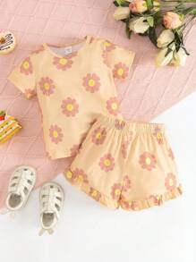 嬰兒印花T恤&荷葉邊短褲 - 卡其色 - 查看 1