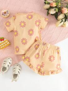 嬰兒印花T恤&荷葉邊短褲 - 卡其色 - 查看 2