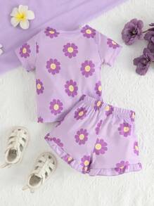 Camiseta Infantil Estampada Con Flores Y Pantalones Cortos Con Dobladillo De Volante Para Niña - Morado - Ver 2