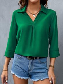 SHEIN LUNE 素色拼接細節襯衫 - 綠色 - 查看 5