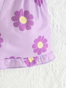 Camiseta Infantil Estampada Con Flores Y Pantalones Cortos Con Dobladillo De Volante Para Niña - Morado - Ver 3
