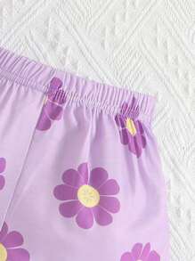 Camiseta Infantil Estampada Con Flores Y Pantalones Cortos Con Dobladillo De Volante Para Niña - Morado - Ver 4