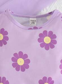 Camiseta Infantil Estampada Con Flores Y Pantalones Cortos Con Dobladillo De Volante Para Niña - Morado - Ver 5