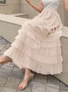 DAZY Solid Mesh Layer Hem Skirt,Ruffle