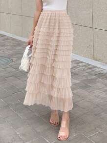 DAZY Solid Mesh Layer Hem Skirt,Ruffle
