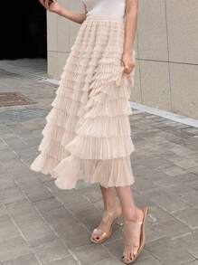 DAZY Solid Mesh Layer Hem Skirt,Ruffle