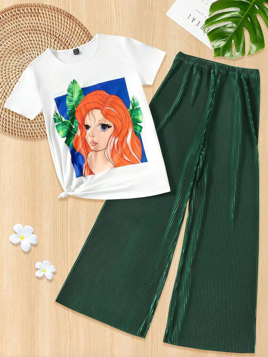 SHEIN Unity 1 bộ Hình Áo Thun Đồ Họa & Quần Ống Rộng - màu xanh lá - Xem 1