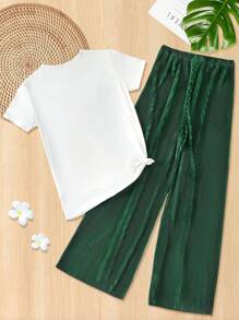 SHEIN Unity 1 bộ Hình Áo Thun Đồ Họa & Quần Ống Rộng - màu xanh lá - Xem 2