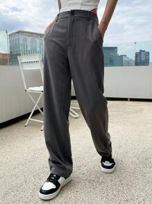 DAZY Slant Pocket Straight Leg Suit Trousers - Grey - View 1