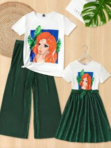 SHEIN Unity 1 bộ Hình Áo Thun Đồ Họa & Quần Ống Rộng - màu xanh lá - Xem 7
