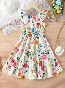 SHEIN Girls Floral Print Ruffle Hem Dress - Multicolor - View 1