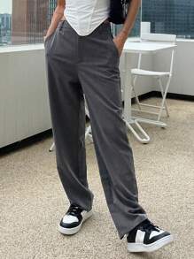 DAZY Slant Pocket Straight Leg Suit Trousers - Grey - View 7